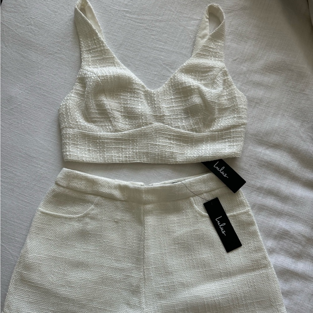Lulus Ivory Tweed Perfect Company Shorts and Top Set